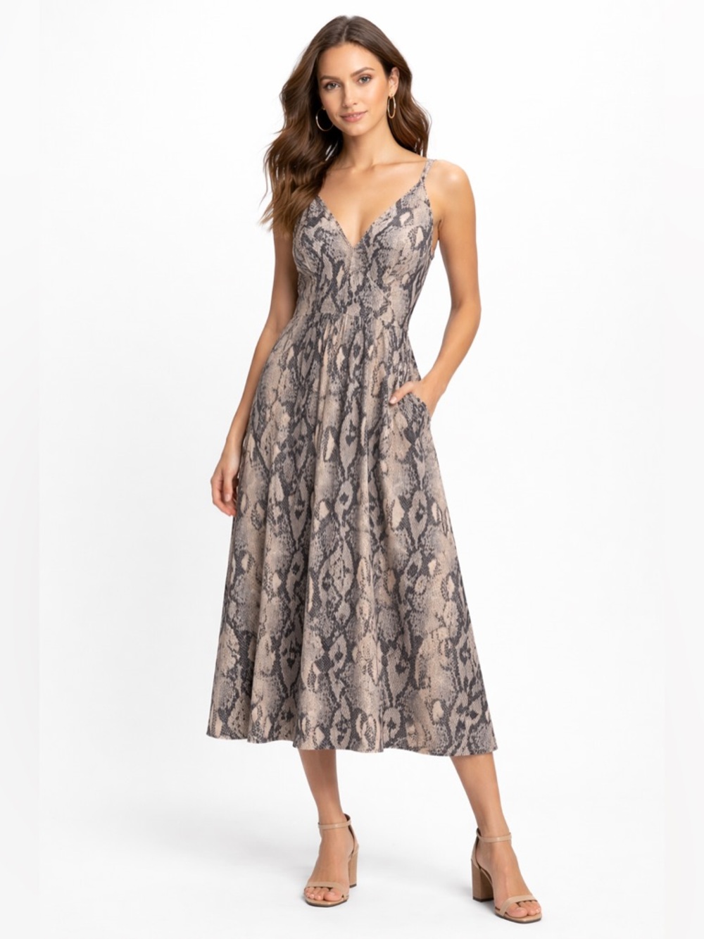 Jennifer Lopez Faux Snake Print Midi Dress V-Neck Sleeveless Pocket Medium Y2K